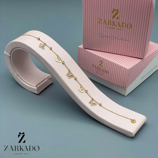 دستبند زنجیری طلا طرح ترکیبی قلب و پروانه