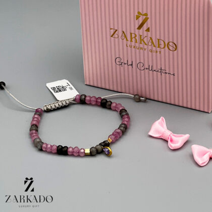 دستبند سنگی سیاه صورتی با نگین و مربع