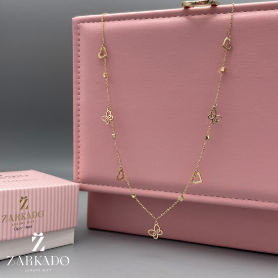 گردنبند زنجیری طلا با آویز قلب و پروانه تو خالی