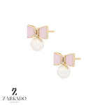 گوشواره میخی طلا طرح پاپیون صورتی و صدف کد E986