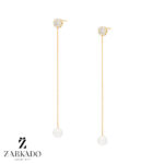 گوشواره میخی طلا فلاور و آویز زنجیری مروارید کد E5488