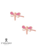 گوشواره میخی طلا سنجاقک میناکاری سفید و صورتی کد E5565