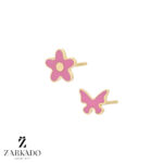 گوشواره میخی طلا گل و پروانه میناکاری صورتی کد E5593