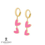 گوشواره حلقه ای آویز دار قلب میناکاری صورتی کد E5639