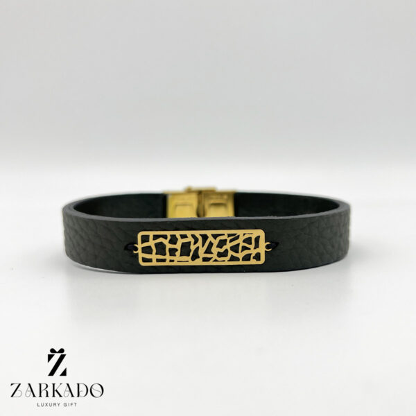 دستبند چرم با پلاک طلا طرح اسلیمی