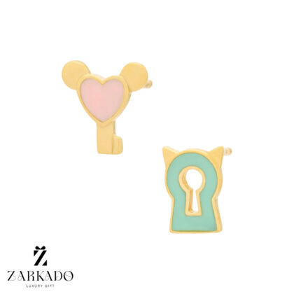 گوشواره میخی طلا لنگه به لنگه طرح قفل و کلید قلبی