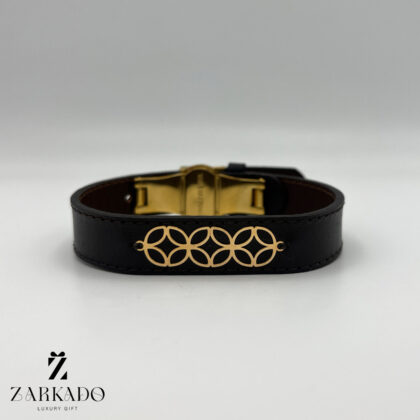 دستبند چرم با پلاک طلا طرح اسلیمی