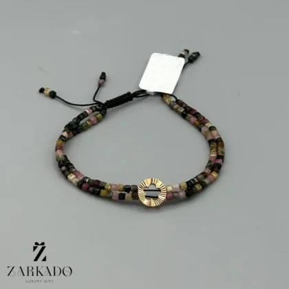 دستبند سنگی و پلاک طلا طرح گل با سنگ خالدار دو رج