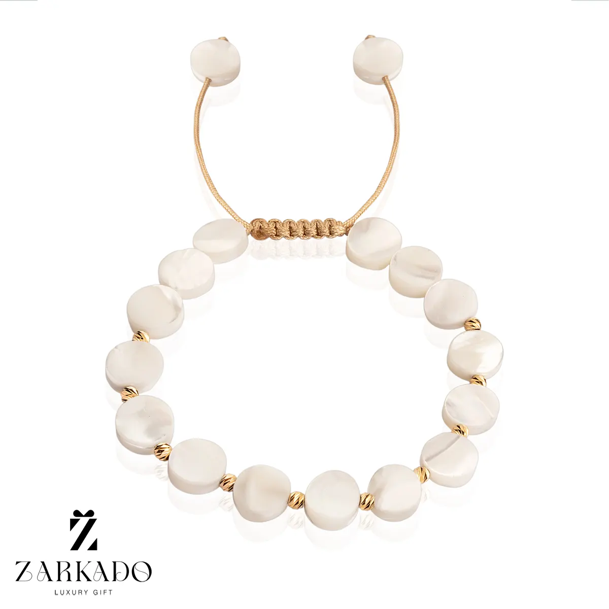 دستبند سنگ صدف طرح دایره با گوی البرنادو طلا
