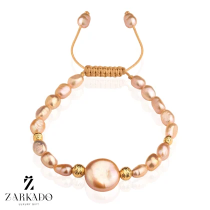 دستبند مروارید پرورشی و باروک دایره صورتی و گوی البرنادو طلا
