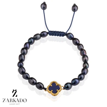 دستبند مرواری پرورشی و پلاک طلا طرح ونکلیف سنگ دار