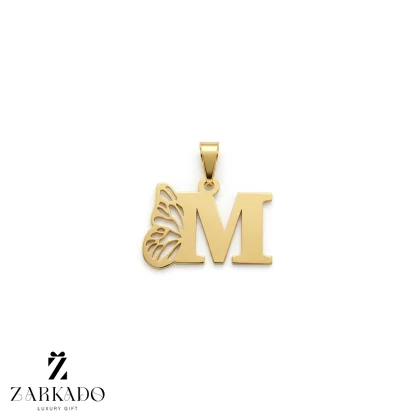 پلاک لیزری طلا حرف M با بال پروانه