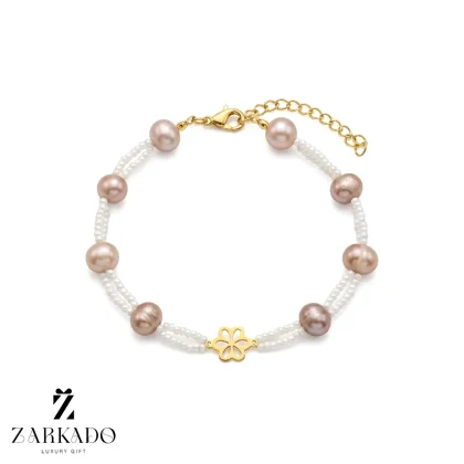 دستبند مروارید پرورشی و میوکی با پلاک طلا طرح گل