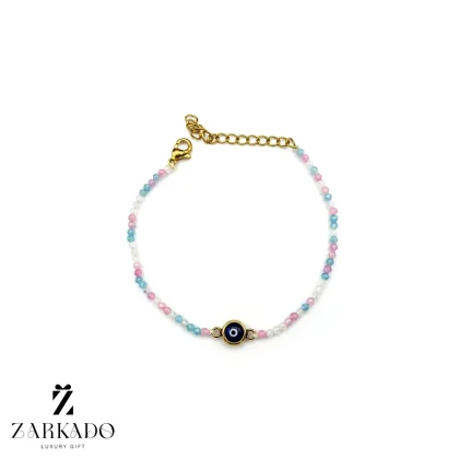 دستبند سنگی رنگین کمونی و چشم نظر طلا آبی