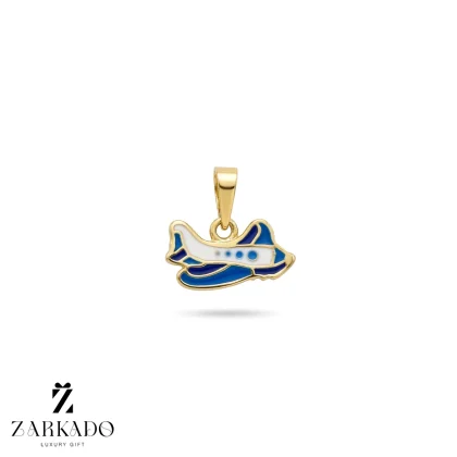 پلاک کودک طلا طرح هواپیما میناکاری سفید-آبی