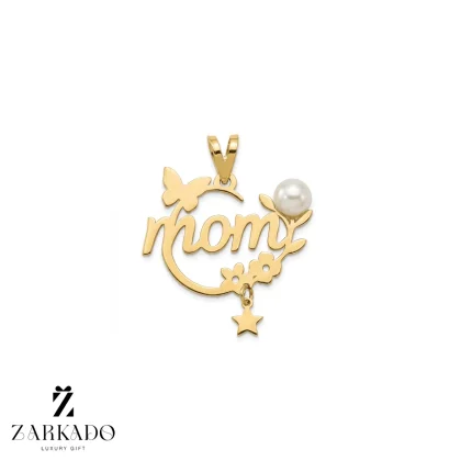 پلاک طلا طرح mom گل و ستاره و پروانه با مروارید