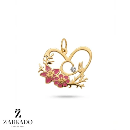 پلاک طلا طرح مامان قلبی و گوی سفید با میناکاری صورتی