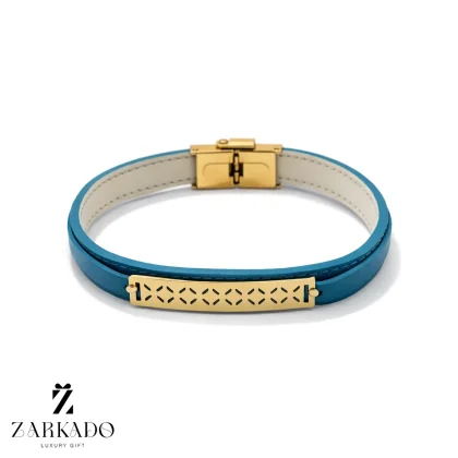 دستبند چرم و پلاک لیزر طلا با چرم آبی