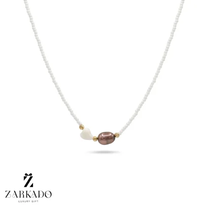 چوکر میوکی سفید و مروارید پرورشی و صدف با گوی البرنادو طلا