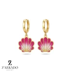 گوشواره حلقه ای آویز طرح صدف میناکاری صورتی