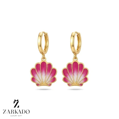 گوشواره حلقه ای آویز طرح صدف میناکاری صورتی