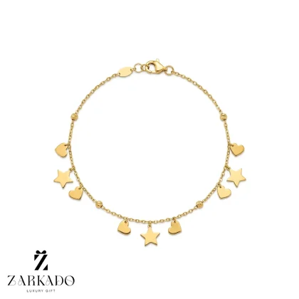 دستبند زنجیری طلا با قلب و ستاره و گوی البرنادو