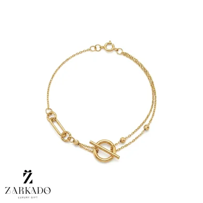 دستبند زنجیری طلا تلفیقی با پلاک تیفانی و گوی البرنادو
