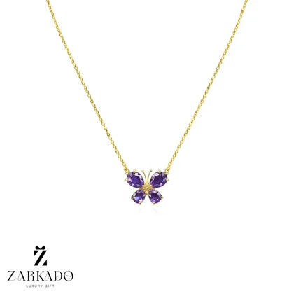 گردنبند طلا طرح پروانه سنگی بنفش